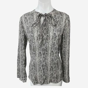 Theory Black White 100% Silk Long Sleeve Blouse | Size Petite